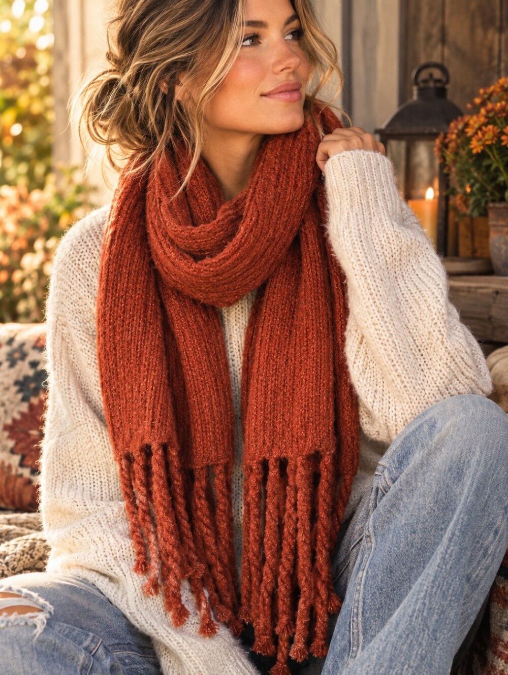 Free People NWT Jaden Ribbed Fringe Blanket Scarf Rust Orange